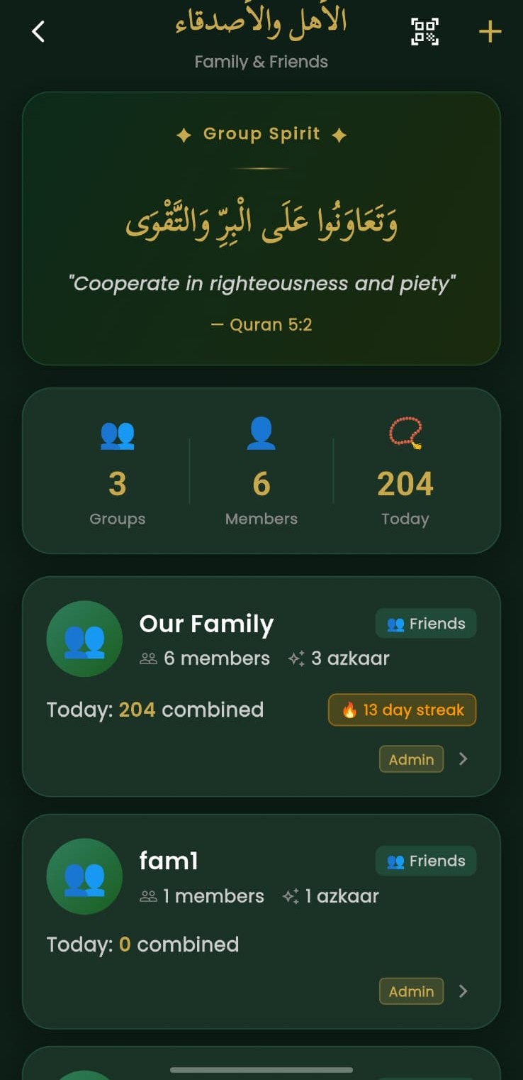 Family and Friends groups screen showing Our Family group with 204 combined today