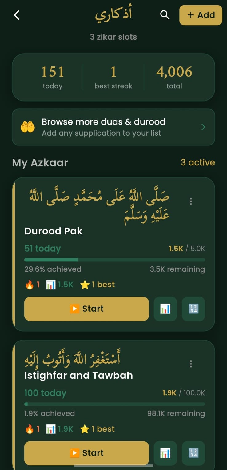 My Azkaar screen showing Durood Pak and Istighfar with progress bars